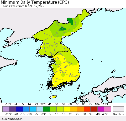 Korea Minimum Daily Temperature (CPC) Thematic Map For 6/9/2025 - 6/15/2025