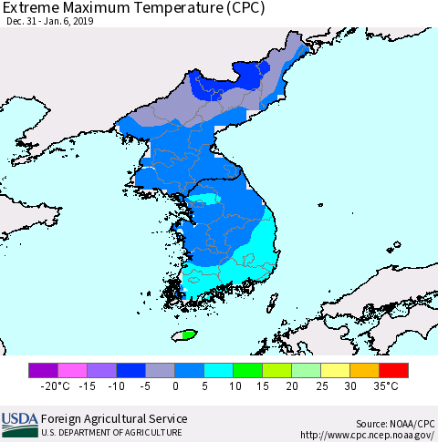 Korea Maximum Daily Temperature (CPC) Thematic Map For 12/31/2018 - 1/6/2019