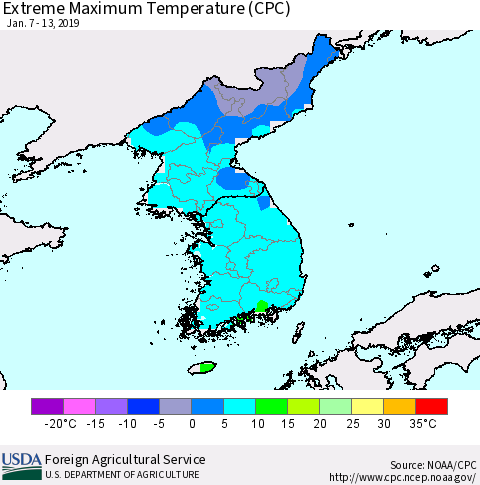 Korea Maximum Daily Temperature (CPC) Thematic Map For 1/7/2019 - 1/13/2019