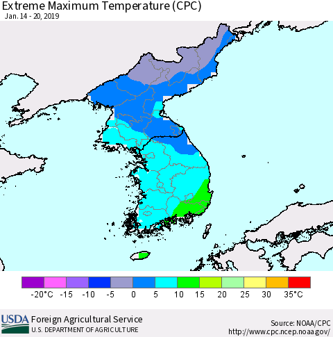 Korea Maximum Daily Temperature (CPC) Thematic Map For 1/14/2019 - 1/20/2019