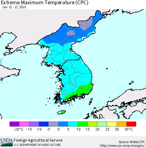 Korea Maximum Daily Temperature (CPC) Thematic Map For 1/21/2019 - 1/27/2019