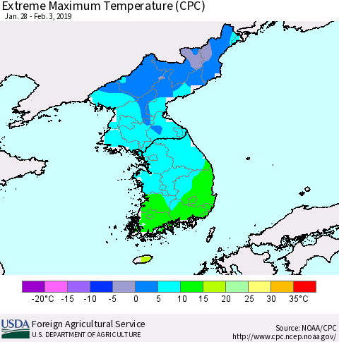 Korea Maximum Daily Temperature (CPC) Thematic Map For 1/28/2019 - 2/3/2019