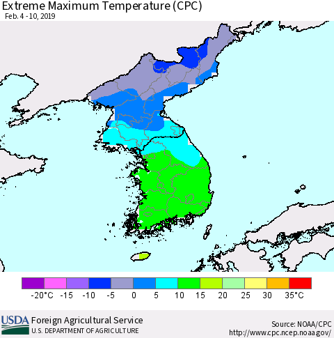 Korea Maximum Daily Temperature (CPC) Thematic Map For 2/4/2019 - 2/10/2019