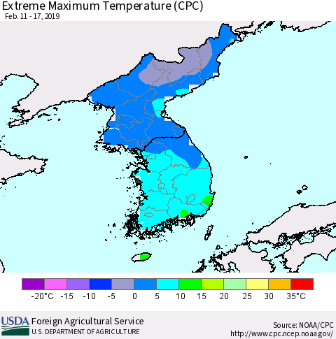 Korea Maximum Daily Temperature (CPC) Thematic Map For 2/11/2019 - 2/17/2019