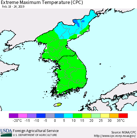 Korea Maximum Daily Temperature (CPC) Thematic Map For 2/18/2019 - 2/24/2019