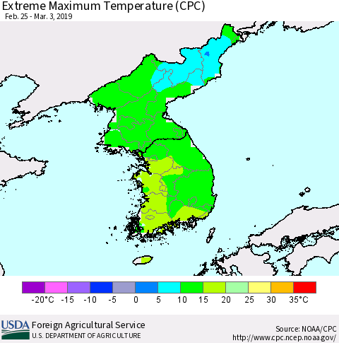 Korea Maximum Daily Temperature (CPC) Thematic Map For 2/25/2019 - 3/3/2019
