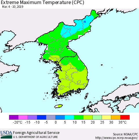 Korea Maximum Daily Temperature (CPC) Thematic Map For 3/4/2019 - 3/10/2019