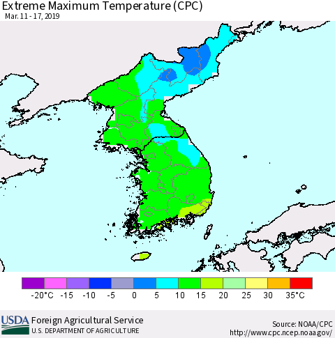 Korea Maximum Daily Temperature (CPC) Thematic Map For 3/11/2019 - 3/17/2019