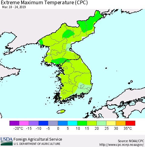 Korea Maximum Daily Temperature (CPC) Thematic Map For 3/18/2019 - 3/24/2019