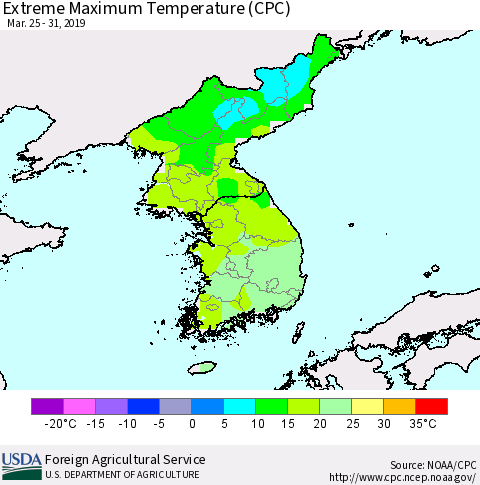 Korea Maximum Daily Temperature (CPC) Thematic Map For 3/25/2019 - 3/31/2019