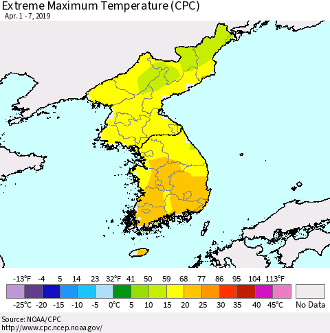 Korea Maximum Daily Temperature (CPC) Thematic Map For 4/1/2019 - 4/7/2019