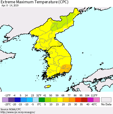 Korea Maximum Daily Temperature (CPC) Thematic Map For 4/8/2019 - 4/14/2019