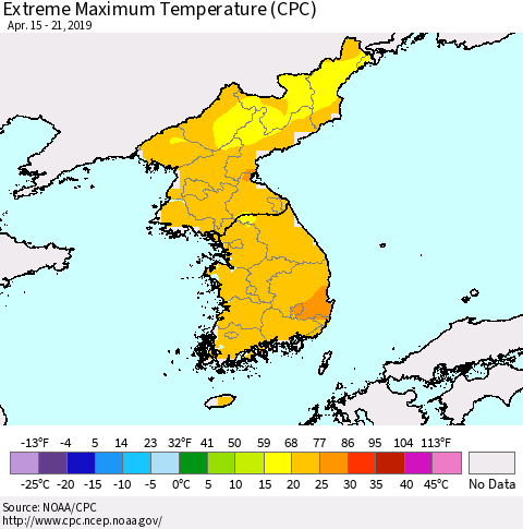 Korea Maximum Daily Temperature (CPC) Thematic Map For 4/15/2019 - 4/21/2019