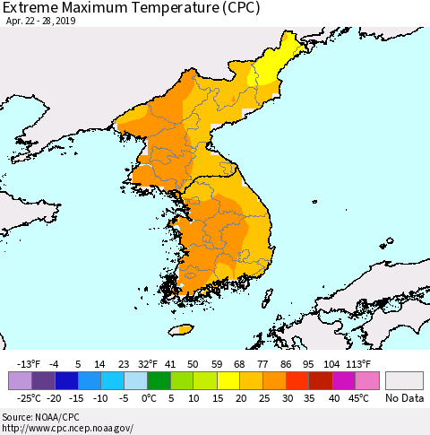 Korea Maximum Daily Temperature (CPC) Thematic Map For 4/22/2019 - 4/28/2019