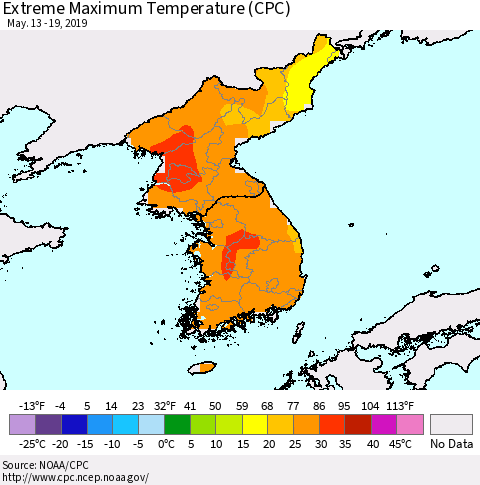 Korea Maximum Daily Temperature (CPC) Thematic Map For 5/13/2019 - 5/19/2019