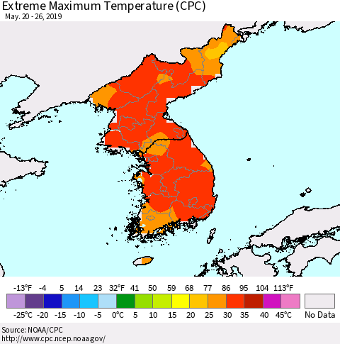 Korea Maximum Daily Temperature (CPC) Thematic Map For 5/20/2019 - 5/26/2019