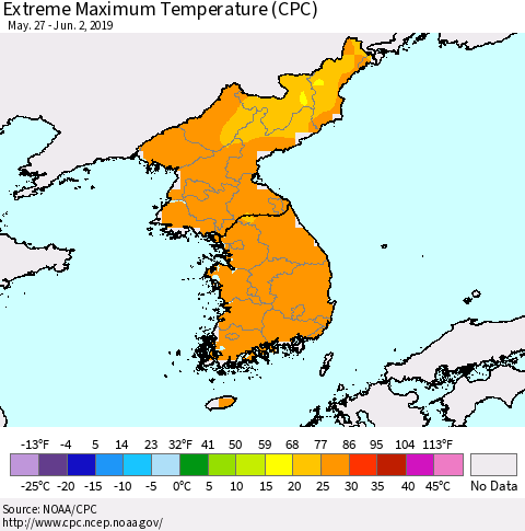 Korea Maximum Daily Temperature (CPC) Thematic Map For 5/27/2019 - 6/2/2019
