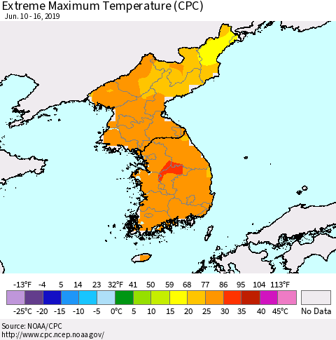 Korea Maximum Daily Temperature (CPC) Thematic Map For 6/10/2019 - 6/16/2019