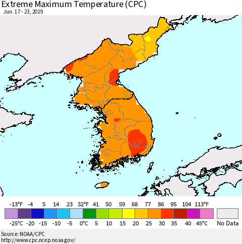 Korea Maximum Daily Temperature (CPC) Thematic Map For 6/17/2019 - 6/23/2019