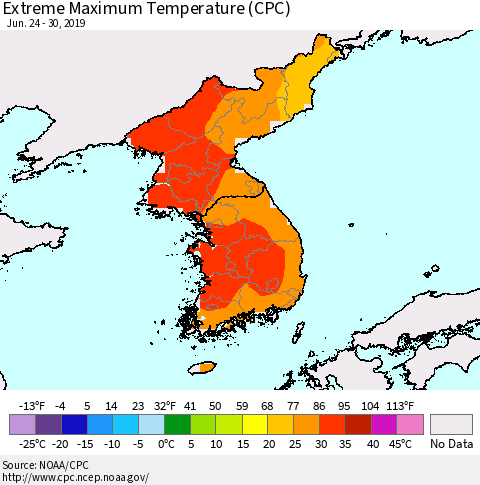 Korea Maximum Daily Temperature (CPC) Thematic Map For 6/24/2019 - 6/30/2019