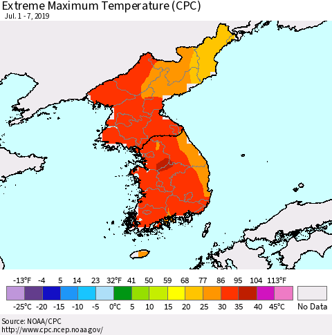 Korea Maximum Daily Temperature (CPC) Thematic Map For 7/1/2019 - 7/7/2019