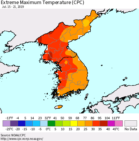 Korea Maximum Daily Temperature (CPC) Thematic Map For 7/15/2019 - 7/21/2019