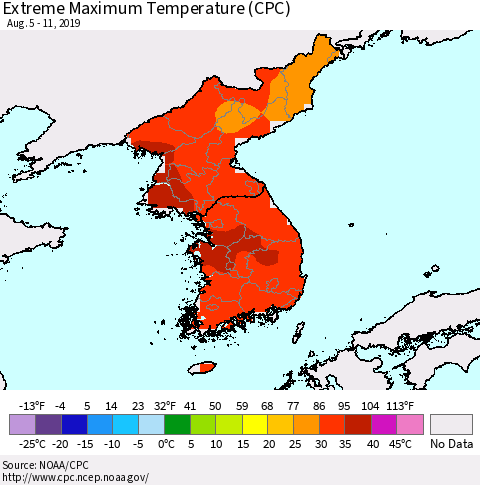 Korea Maximum Daily Temperature (CPC) Thematic Map For 8/5/2019 - 8/11/2019