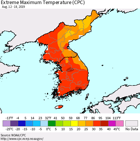 Korea Maximum Daily Temperature (CPC) Thematic Map For 8/12/2019 - 8/18/2019