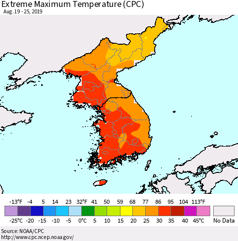 Korea Maximum Daily Temperature (CPC) Thematic Map For 8/19/2019 - 8/25/2019