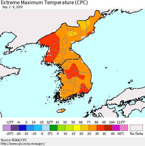 Korea Maximum Daily Temperature (CPC) Thematic Map For 9/2/2019 - 9/8/2019