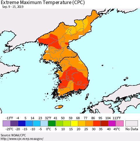 Korea Maximum Daily Temperature (CPC) Thematic Map For 9/9/2019 - 9/15/2019