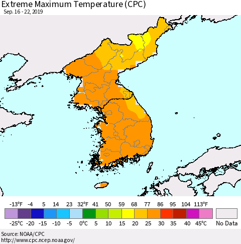 Korea Maximum Daily Temperature (CPC) Thematic Map For 9/16/2019 - 9/22/2019