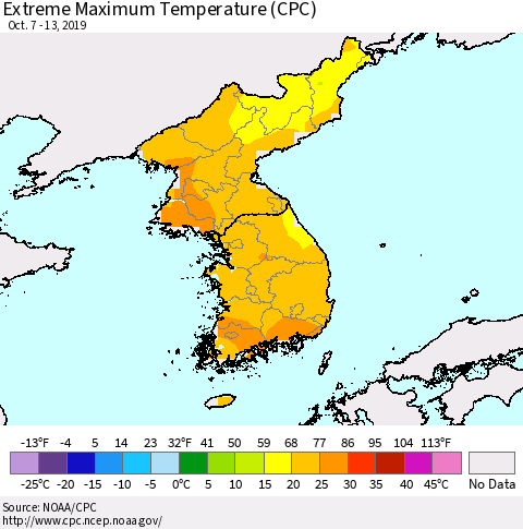 Korea Maximum Daily Temperature (CPC) Thematic Map For 10/7/2019 - 10/13/2019