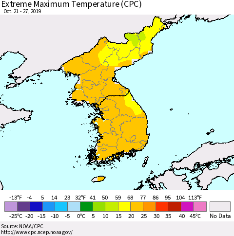Korea Maximum Daily Temperature (CPC) Thematic Map For 10/21/2019 - 10/27/2019