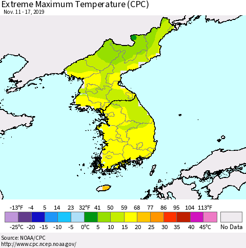 Korea Maximum Daily Temperature (CPC) Thematic Map For 11/11/2019 - 11/17/2019