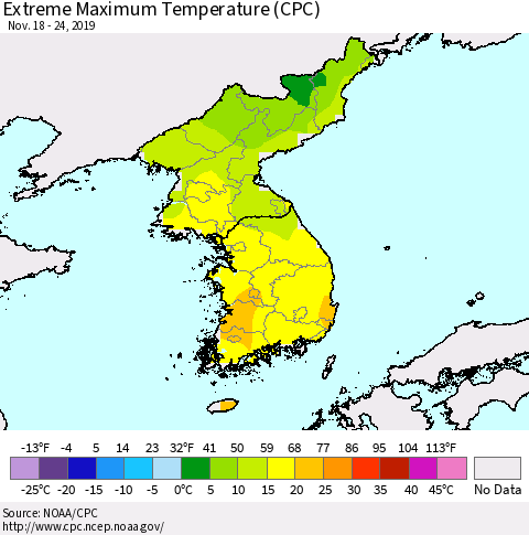 Korea Maximum Daily Temperature (CPC) Thematic Map For 11/18/2019 - 11/24/2019