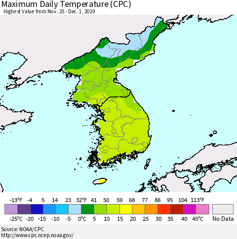 Korea Maximum Daily Temperature (CPC) Thematic Map For 11/25/2019 - 12/1/2019