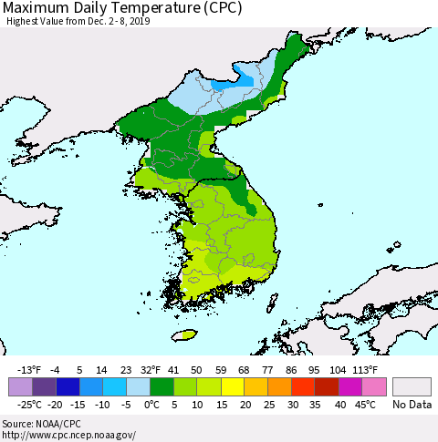 Korea Maximum Daily Temperature (CPC) Thematic Map For 12/2/2019 - 12/8/2019