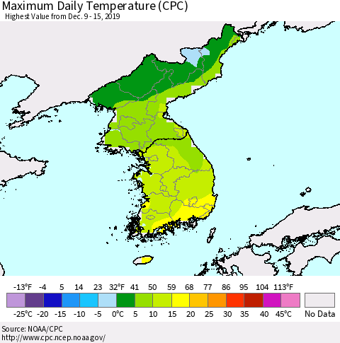 Korea Maximum Daily Temperature (CPC) Thematic Map For 12/9/2019 - 12/15/2019