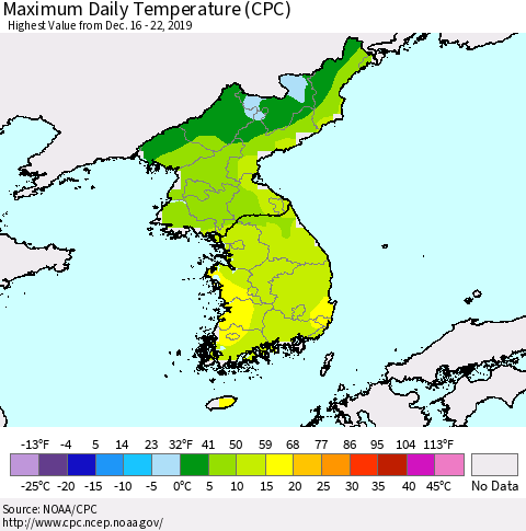 Korea Maximum Daily Temperature (CPC) Thematic Map For 12/16/2019 - 12/22/2019