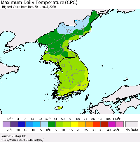 Korea Maximum Daily Temperature (CPC) Thematic Map For 12/30/2019 - 1/5/2020