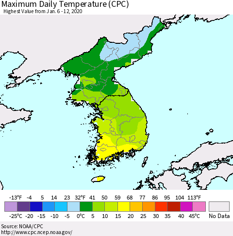 Korea Maximum Daily Temperature (CPC) Thematic Map For 1/6/2020 - 1/12/2020