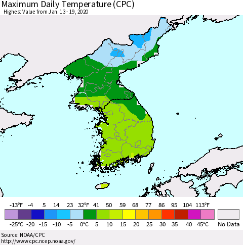 Korea Maximum Daily Temperature (CPC) Thematic Map For 1/13/2020 - 1/19/2020