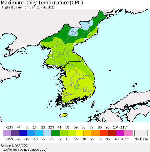 Korea Maximum Daily Temperature (CPC) Thematic Map For 1/20/2020 - 1/26/2020