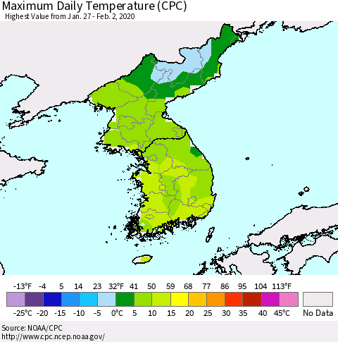Korea Maximum Daily Temperature (CPC) Thematic Map For 1/27/2020 - 2/2/2020