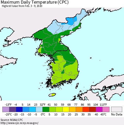Korea Maximum Daily Temperature (CPC) Thematic Map For 2/3/2020 - 2/9/2020