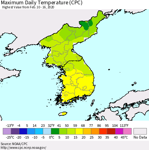 Korea Maximum Daily Temperature (CPC) Thematic Map For 2/10/2020 - 2/16/2020