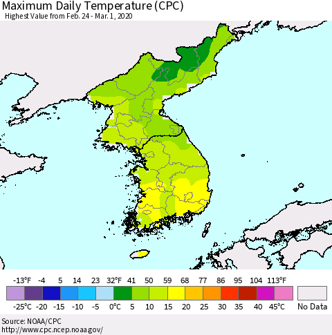 Korea Maximum Daily Temperature (CPC) Thematic Map For 2/24/2020 - 3/1/2020