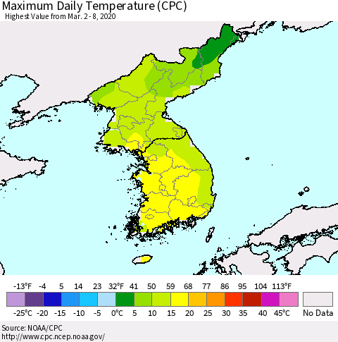 Korea Maximum Daily Temperature (CPC) Thematic Map For 3/2/2020 - 3/8/2020