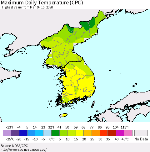 Korea Maximum Daily Temperature (CPC) Thematic Map For 3/9/2020 - 3/15/2020
